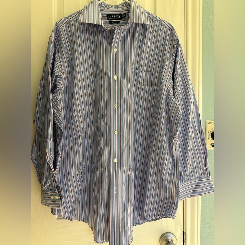 Lauren Ralph Lauren Mens Dress Shirt Blue Pink Stripe Non-Iron Sz 17.5 32/33